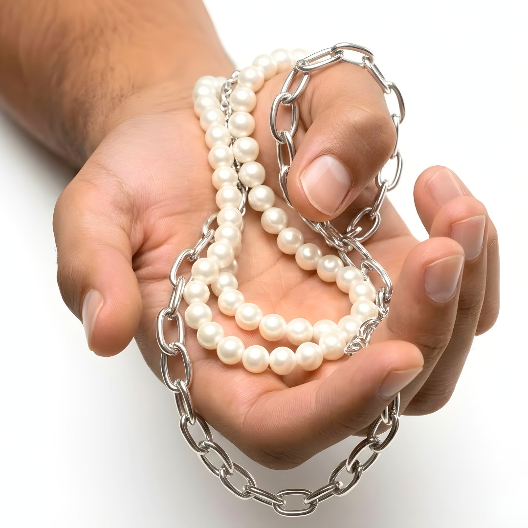 Silver Large Oval Link & Pearl Duo Layered Necklace Set – Chunky Paperclip Chain & Pearl Necklace Set for Men & Women